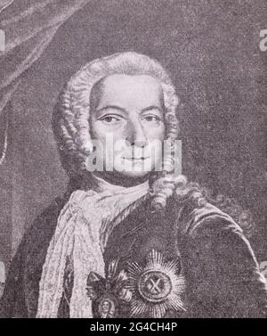 Alexey Bestuzhev-Ryumin. Gravure de 1756. Le comte Alexey Petrovich Bestuzhev-Ryumin (1693 – 1766) était un diplomate et chancelier russe. Il était l'un des diplomates les plus influents et les plus prospères de l'Europe du XVIIIe siècle. En tant que chancelier de l'Empire russe était principalement responsable de la politique étrangère russe pendant le règne de l'impératrice Elizaveta Petrovna. Banque D'Images