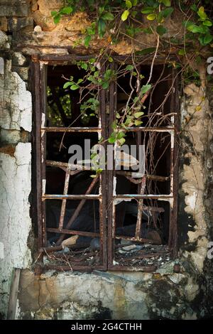 La fenêtre d'une maison de village abandonnée sur Tap Mun (Grass Island), New Territories, Hong Kong Banque D'Images