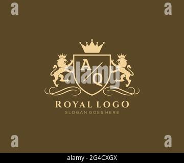 Lettre AQ Lion Royal Luxury Heraldic, Crest logo template dans l'art vectoriel pour restaurant, Royalty, Boutique, café, Hôtel, Héraldique, bijoux, mode et Illustration de Vecteur