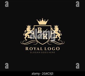 BK lettre Lion Royal Luxury Heraldic, Crest logo template dans l'art vectoriel pour restaurant, Royalty, Boutique, café, Hôtel, Héraldique, bijoux, mode et Illustration de Vecteur