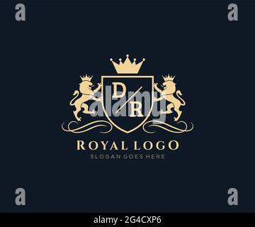 Dr lettre Lion Royal Luxury Heraldic, Crest logo template dans l'art vectoriel pour restaurant, Royalty, Boutique, café, Hôtel, Héraldique, bijoux, mode et Illustration de Vecteur