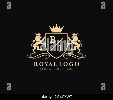 LETTRE BI Lion Royal Luxury Heraldic, Crest logo template dans l'art vectoriel pour restaurant, Royalty, Boutique, café, Hôtel, Héraldique, bijoux, mode et Illustration de Vecteur