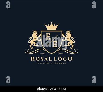 Lettre EE Lion Royal Luxury Heraldic, Crest logo template dans l'art vectoriel pour restaurant, Royalty, Boutique, café, Hôtel, Héraldique, bijoux, mode et Illustration de Vecteur