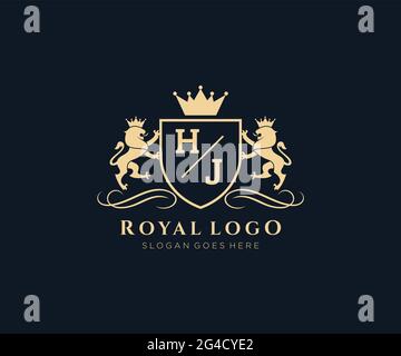 HJ Letter Lion Royal Luxury Heraldic, Crest logo template in vector art for Restaurant, Royalty, Boutique, Cafe, Hôtel, Héraldique, bijoux, mode et Illustration de Vecteur