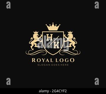 HK lettre Lion Royal Luxury Heraldic, Crest logo template dans l'art vectoriel pour restaurant, Royalty, Boutique, café, Hôtel, Héraldique, bijoux, mode et Illustration de Vecteur