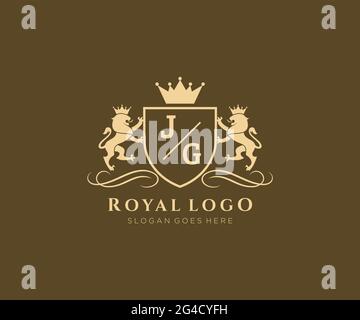 JG Letter Lion Royal Luxury Heraldic, Crest logo template in vector art for Restaurant, Royalty, Boutique, Cafe, Hôtel, Héraldique, bijoux, mode et Illustration de Vecteur