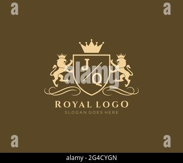 JQ lettre Lion Royal Luxury Heraldic, Crest logo template dans l'art vectoriel pour restaurant, Royalty, Boutique, café, Hôtel, Héraldique, bijoux, mode et Illustration de Vecteur