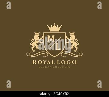 LETTRE ML Lion Royal Luxury Heraldic, Crest logo template dans l'art vectoriel pour restaurant, Royalty, Boutique, café, Hôtel, Héraldique, bijoux, mode et Illustration de Vecteur