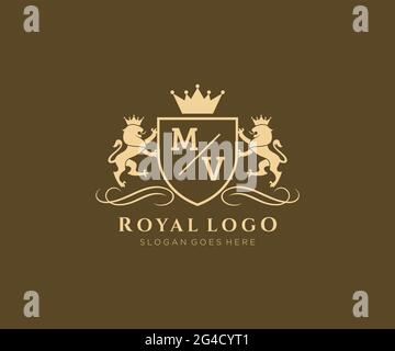 MV Letter Lion Royal Luxury Heraldic, Crest logo template dans l'art vectoriel pour restaurant, Royalty, Boutique, café, Hôtel, Héraldique, bijoux, mode et Illustration de Vecteur