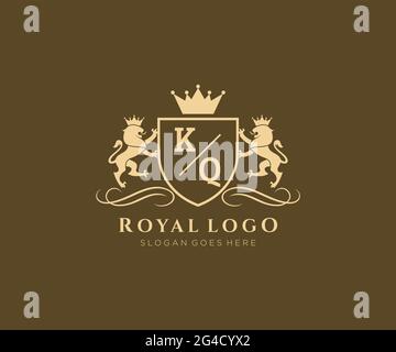 KQ lettre Lion Royal Luxury Heraldic, Crest logo template dans l'art vectoriel pour restaurant, Royalty, Boutique, café, Hôtel, Héraldique, bijoux, mode et Illustration de Vecteur