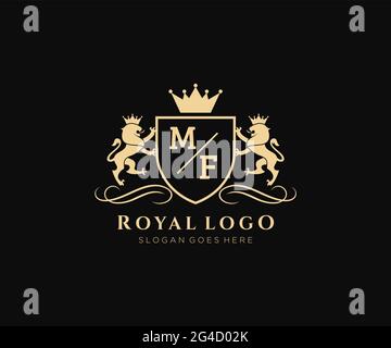 MF lettre Lion Royal Luxury Heraldic, Crest logo template dans l'art vectoriel pour restaurant, Royalty, Boutique, café, Hôtel, Héraldique, bijoux, mode et Illustration de Vecteur