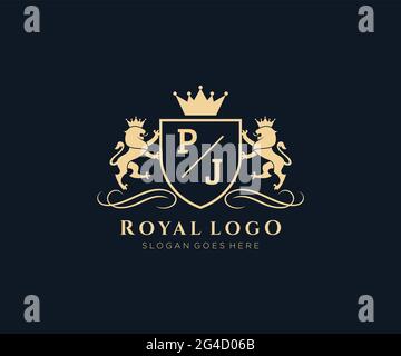 Lettre PJ Lion Royal Luxury Heraldic, Crest logo template dans l'art vectoriel pour restaurant, Royalty, Boutique, café, Hôtel, Héraldique, bijoux, mode et Illustration de Vecteur