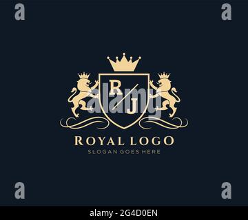 Modèle de logo RJ Letter Lion Royal Luxury Heraldic, Crest dans une illustration vectorielle pour restaurant, Royalty, Boutique, café, Hôtel, Héraldique, bijoux, mode et Illustration de Vecteur