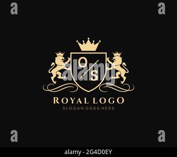 Lettre OS Lion Royal Luxury Heraldic, Crest logo template dans l'art vectoriel pour restaurant, Royalty, Boutique, café, Hôtel, Héraldique, bijoux, mode et Illustration de Vecteur