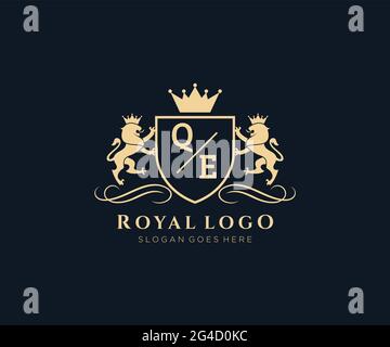 Lettre QE Lion Royal Luxury Heraldic, Crest logo template dans l'art vectoriel pour restaurant, Royalty, Boutique, café, Hôtel, Héraldique, bijoux, mode et Illustration de Vecteur