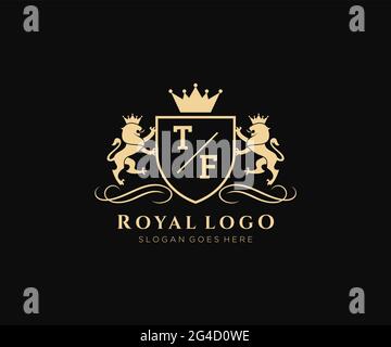 Lettre TF Lion Royal Luxury Heraldic, Crest logo template dans l'art vectoriel pour restaurant, Royalty, Boutique, café, Hôtel, Héraldique, bijoux, mode et Illustration de Vecteur