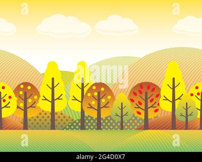 Paysage d'automne sans couture Paysage avec arbres, Grassland et collines aux couleurs d'automne. Illustration vectorielle. Illustration de Vecteur