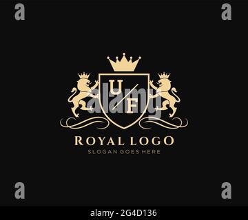 Lettre UF Lion Royal Luxury Heraldic, Crest logo template en illustration vectorielle pour restaurant, Royalty, Boutique, café, Hôtel, Héraldique, bijoux, mode et Illustration de Vecteur