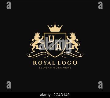 Lettre UA Lion Royal Luxury Heraldic, Crest logo template dans l'art vectoriel pour restaurant, Royalty, Boutique, café, Hôtel, Héraldique, bijoux, mode et Illustration de Vecteur
