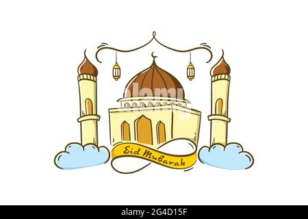eid mubarak célébration avec la décoration de ruban et mosquée de style doodle dessin illustration vectorielle Illustration de Vecteur
