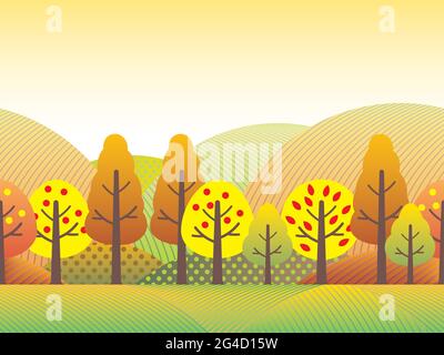 Paysage d'automne sans couture Paysage avec arbres, Grassland, et collines dans les couleurs d'automne avec le ciel de coucher de soleil arrière-plan. Illustration vectorielle. Illustration de Vecteur