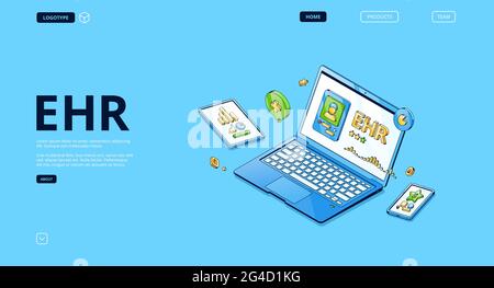 Bannière de dossier médical électronique. Rapport médical du patient dans un fichier numérique, données de santé en ligne. Page d'accueil Vector avec illustration isométrique de l'ordinateur portable et du smartphone avec profil du patient à l'écran Illustration de Vecteur