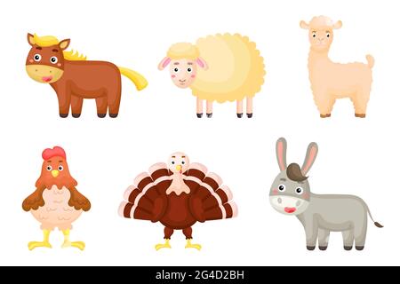Ensemble d'animaux de ferme dans le style de dessin animé. Personnages animaux mignons pour les cartes d'enfants, douche de bébé, invitation d'anniversaire, intérieur de maison. Couleurs vives pour enfants Illustration de Vecteur