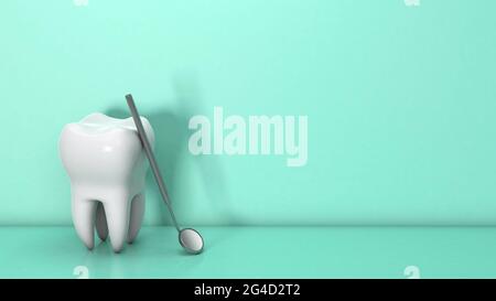 Dent et instrument dentaire. Miroir dentaire et crochet avec dents sur fond vert. Copier l'espace pour le texte. rendu 3d Banque D'Images