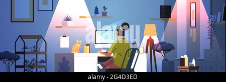 femme d'affaires surtravaillée pigiste regardant l'écran d'ordinateur femme assis sur le lieu de travail avec chat Illustration de Vecteur