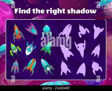 Jeu de l'ombre avec des vaisseaux spatiaux dans l'espace. Vecteur enfants riddle trouver les silhouettes de fusée correctes, tâche logique d'enfants avec des navires spatiaux dans la galaxie, éducatif Illustration de Vecteur
