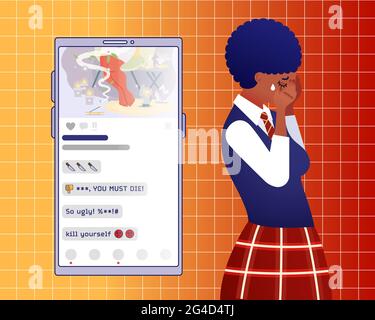 Problème de cyber-intimidation. Triste afro-américaine jeune fille se tient et crie, smartphone avec application de médias sociaux et de mauvais commentaires derrière Illustration de Vecteur