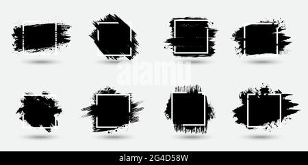 Grunge frames set, paint contours texture vector arrière-plans. Encre noire, spatules, coups de pinceau et taches, taches de boue, traces et taches sales. Squar Illustration de Vecteur