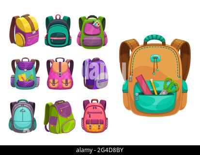 Dessins animés vecteur sacs d'école icônes, les sacs d'école pour enfants de couleurs vives, les sacs à dos et les sacs à dos design . Sacs à dos pour bébés étudiants avec écharpes, fermoir et STA Illustration de Vecteur
