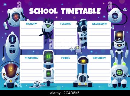 Robots, drones et androïdes modèle de vecteur de calendrier scolaire. Programme de dessin animé éducatif, table de temps pour les enfants pour les leçons. Design du cadre du planning hebdomadaire avec Illustration de Vecteur