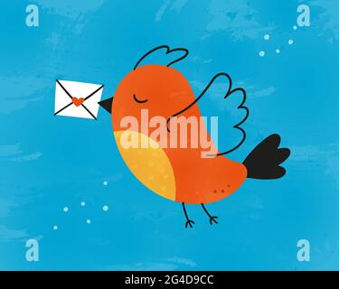 Un oiseau mignon porte une lettre d'amour. Le Postman Bird. Carte de Saint-Valentin. Illustration vectorielle de style dessiné à la main avec texture aquarelle Illustration de Vecteur