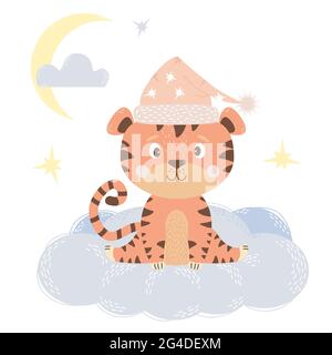 Jolie petite fille tigre dans un chapeau de nuit rose est assise sur un nuage dans le ciel avec des étoiles et la lune. Illustration vectorielle. Concept d'animal de bébé pour la pépinière Illustration de Vecteur