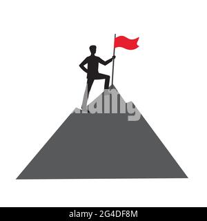 Concept de succès.UN homme avec un drapeau rouge se dresse au sommet d'une montagne. Gagnant.Numéro un.symbole du succès.gagnant de la concurrence. Vecteur de stock isolé i Illustration de Vecteur