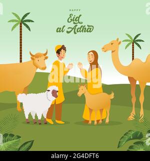 Carte de vœux EID al Adha. Mignon dessin animé enfants musulmans célébrant Eid al Adha avec des animaux sacrificiels Illustration de Vecteur