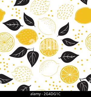 Motif tropical sans couture avec citrons jaunes et tranches de citron. Motif de citrons dessiné à la main sur fond blanc. Fond répété de fruit. Vecteur lumineux Illustration de Vecteur