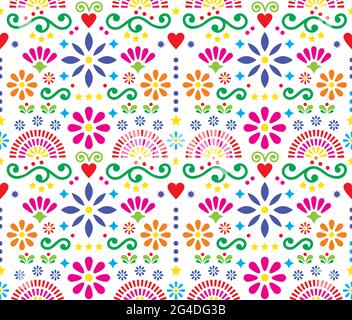 Art folklorique mexicain vibrant sans couture vecteur textile ou tissu imprimé, design coloré avec fleurs papier peint inspiré des dessins traditionnels de Illustration de Vecteur