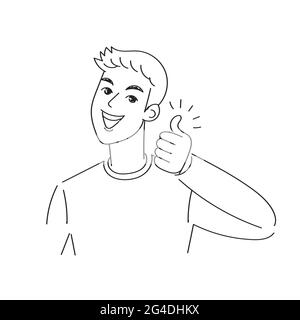 Le jeune homme montre le pouce vers le haut. Signez OK.stock illustration vectorielle isolée sur fond blanc. Illustration de Vecteur