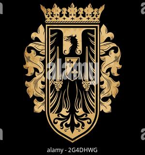 Design droit. Emblème héraldique médiéval, aigle héraldique et bouclier chevaliers Illustration de Vecteur