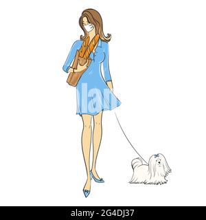 Le dessin à la main de la jeune femme fait du shopping et marche le chien en portant un masque médical.Concept de maladie épidémique.prévenir l'illustration du coronavirus COVID-19 Illustration de Vecteur