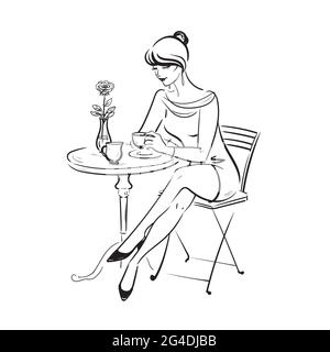 Noir et blanc belle jeune femme dans un café et prendre le petit déjeuner.La femme boit du café.Illustration standard isolée sur fond blanc Illustration de Vecteur