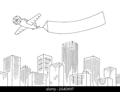 Bannière avion survolant le graphique de la ville noir blanc paysage dessin vecteur d'illustration Illustration de Vecteur