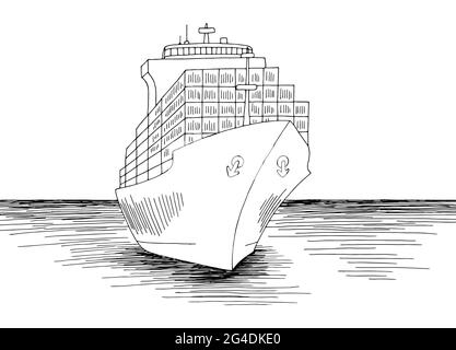 Navire de chargement graphique noir blanc mer paysage dessin vecteur d'illustration Illustration de Vecteur