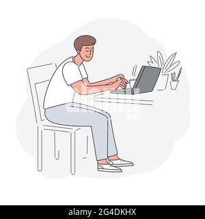 Un homme travaille sur ordinateur portable.modèle de conception de page d'arrivée de Web plate moderne. Illustration de Vecteur