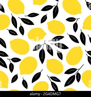 Motif tropical sans couture avec citrons jaunes et tranches de citron. Motif de citrons dessiné à la main sur fond blanc. Fond répété de fruit. Vecteur lumineux Illustration de Vecteur