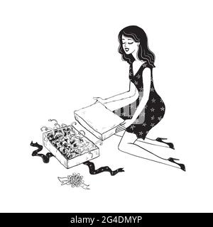 PrintHappy souriant belle jeune femme avec une boîte de cadeaux avec des rubans. Caractère de style dessiné à la main isolé sur fond blanc. Noir et blanc Illustration de Vecteur