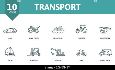 Ensemble d'icônes de transport. Contient des icônes modifiables du thème du véhicule, telles que la voiture, le bateau de croisière, l'hélicoptère et bien plus encore. Illustration de Vecteur